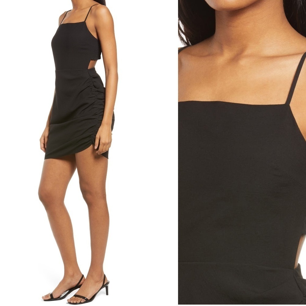 WAYF Black Bardot Smocked Ruched Open Back Mini Dress Size XS NWOT - Picture 2 of 8